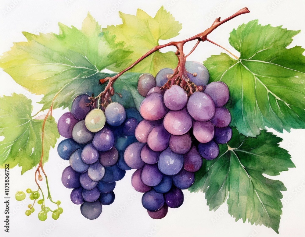Obraz premium vibrant watercolor illustration of grape branches detailed closeup of lush green leaves and juicy bunches ideal for culinary or botanical themes fresh and inviting design