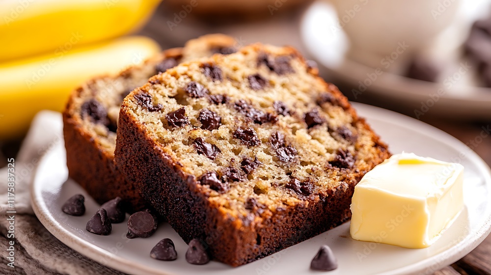 A close-up of a slice of chocolate chip banana bread, served warm with a pat of butter A close-up of a slice of chocolate chip banana bread, served warm with a pat of butter