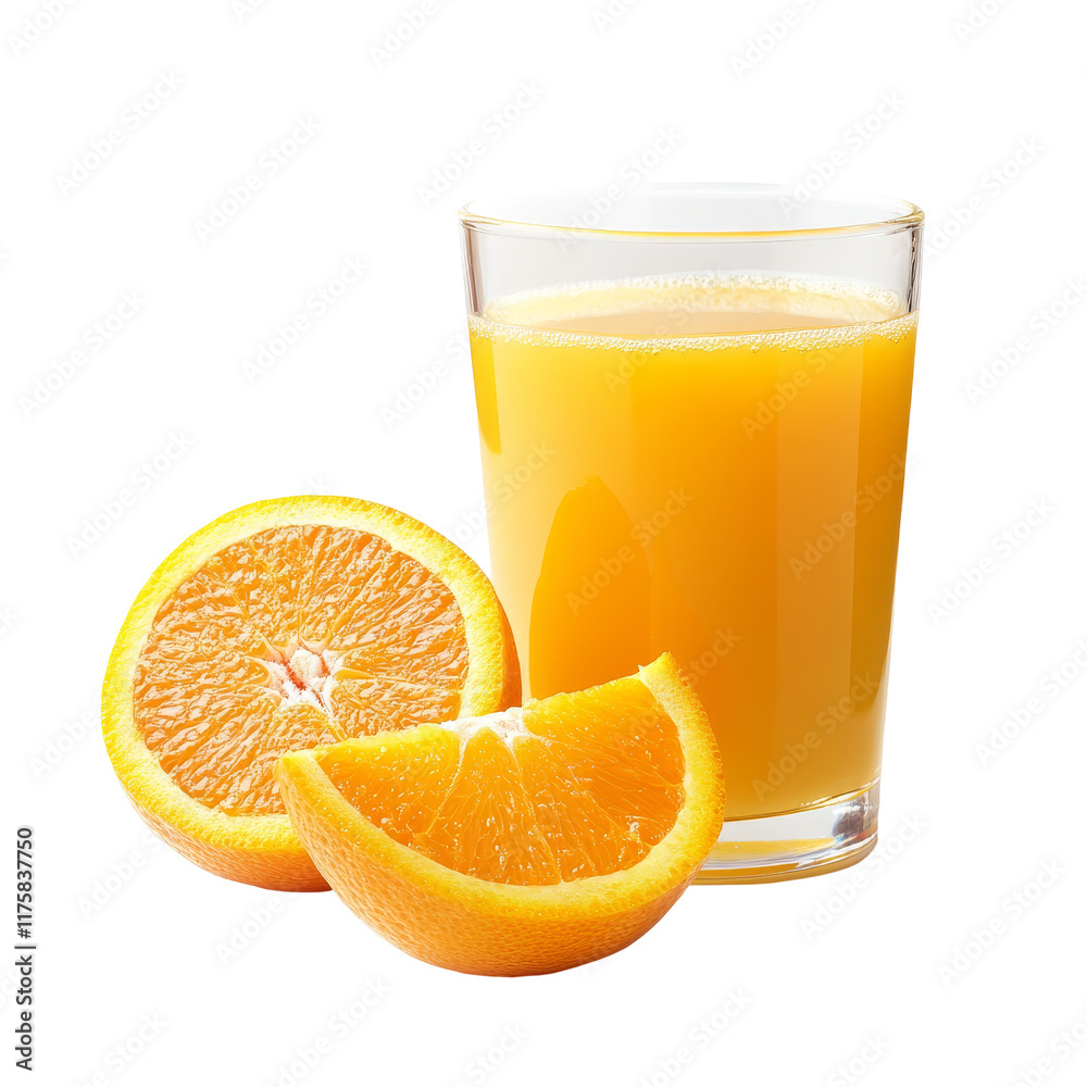 Freshly squeezed orange juice served in a glass alongside whole and sliced oranges on a bright transparent background, Orange juice and orange isolated on transparent background Freshly squeezed orange juice served in a glass alongside whole and sliced oranges on a bright transparent background, Orange juice and orange isolated on transparent background