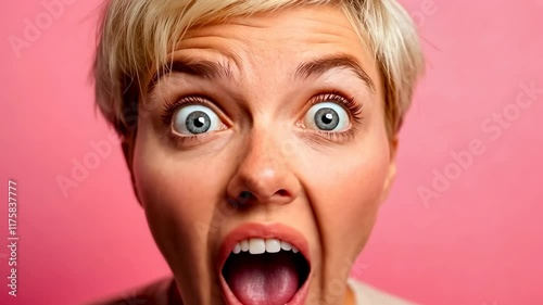 A young Caucasian woman, startled, stares wide-eyed against a vibrant pink backdrop. Her short blonde hair frames her face, conveying surprise. The mood is lively and engaging.