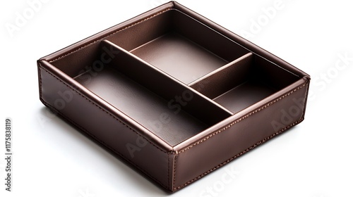 A brown leather tray with three compartments