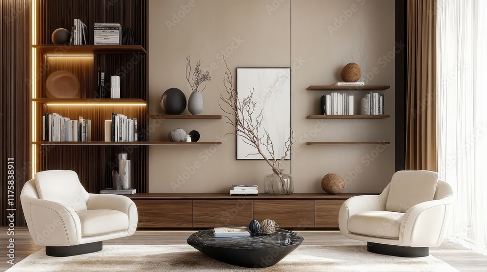 Obraz premium Modern living room interior, minimalist design, warm wood tones, built-in shelving unit, cream armchairs, metallic accents, large window, natural light, dried floral arrangement, neutral color palette