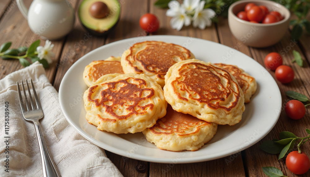Delicious pancakes served on a wooden table with fresh ingredients, breakfast delight Delicious pancakes served on a wooden table with fresh ingredients, breakfast delight