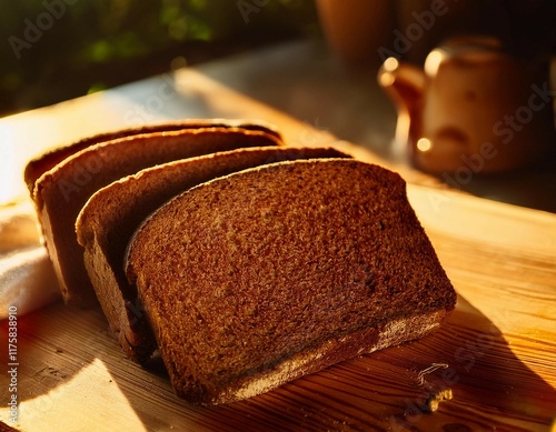 thick slices of estonian rye bread sit on a wooden board bathed in warm sunlight photo