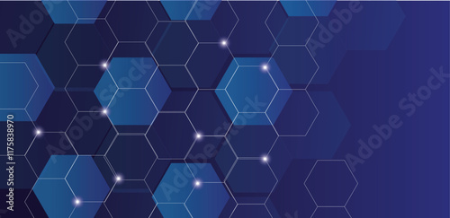 Hexagonal grid pattern, blue technology background, digital network concept, geometric shapes, futuristic design, abstract connectivity illustration