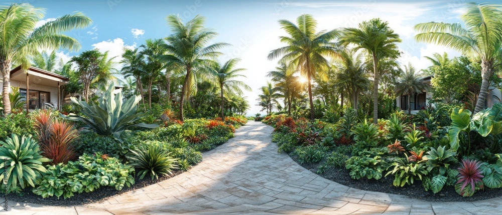 Tropical Pathway in Lush Garden, Sunny Day, Vacation Home