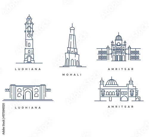 Cities in Punjab - Mohali - Amritsar - Ludhiana - Stock Illustration #1175840120