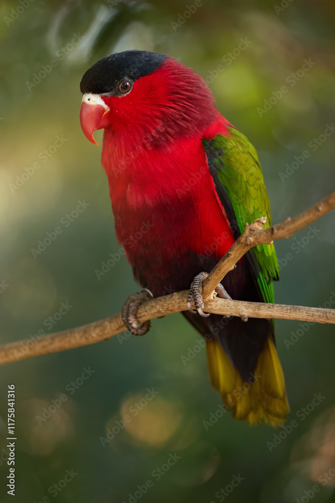 Purple-bellied Lory with Vibrant Red and Green Plumage Perched Gracefully on a Branch in Natural Tropical Light. Ideal for Wildlife Art, Nature Education, and Exotic Bird Conservation Themes. Purple-bellied Lory with Vibrant Red and Green Plumage Perched Gracefully on a Branch in Natural Tropical Light. Ideal for Wildlife Art, Nature Education, and Exotic Bird Conservation Themes.