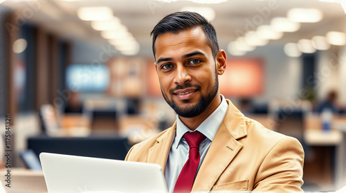 Confident businessman in suit smiling while working on laptop in office photo