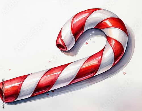 red and white candy cane with a curved shape white isolated background white background watercolor style photo