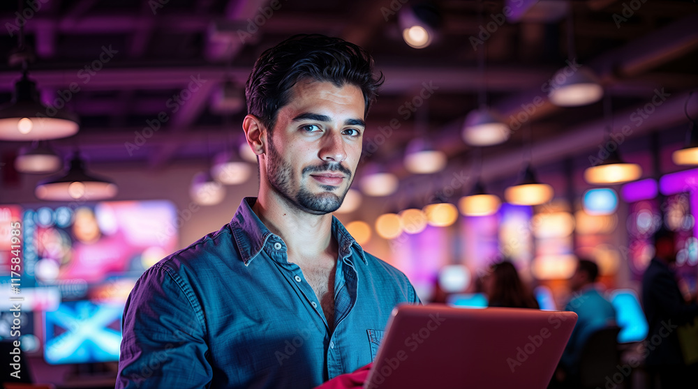 Fototapeta premium The handsome businessman, smiling, works seriously on his laptop at the bar, enjoying the city nightlife