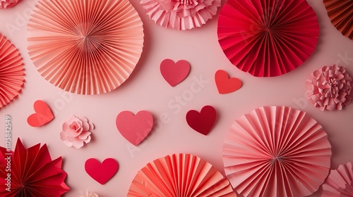 Flat Lay of Pink and Red Paper Fans, Hearts, and Textures Creating a Romantic Ambiance photo