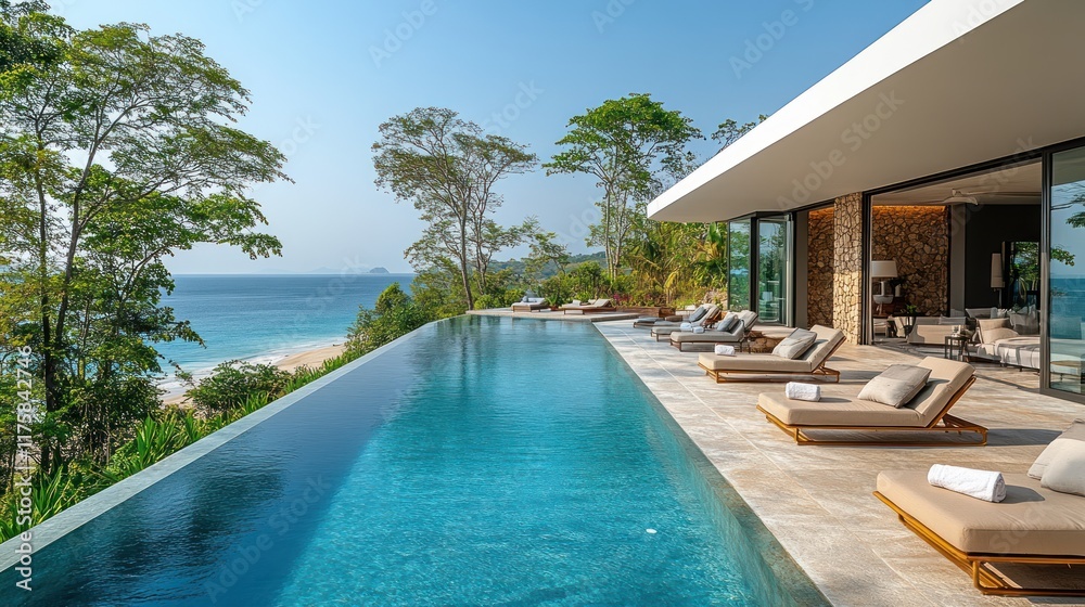 Fototapeta premium A luxurious villa with an infinity pool overlooking the ocean and lush greenery.