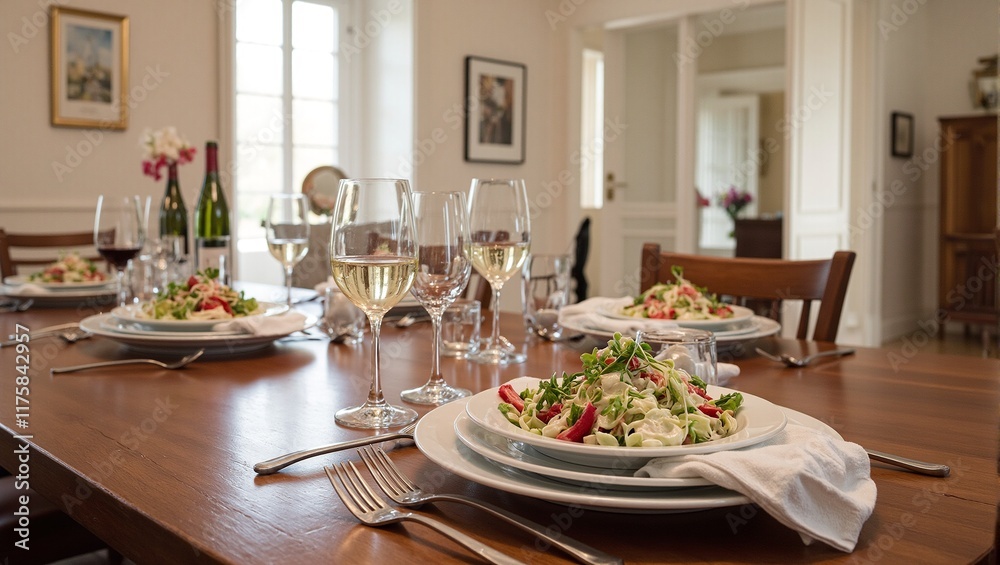 Elegant dining room table set for family meal with salad and wine Elegant dining room table set for family meal with salad and wine