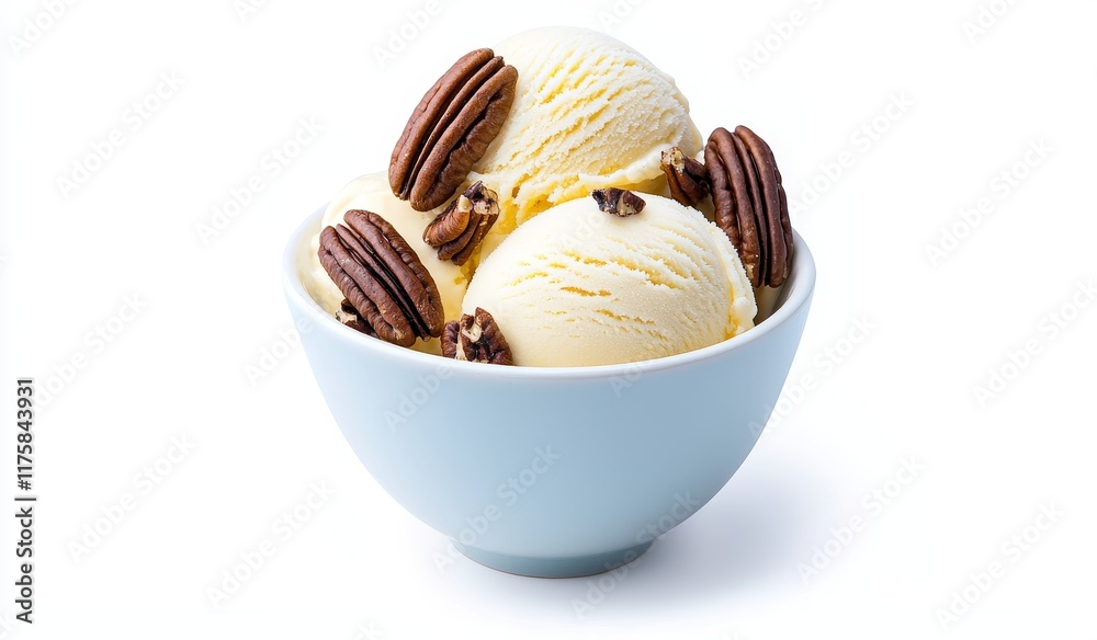 An Appetizing Bowl of Butter Pecan Ice Cream with a White Background. Stock Picture. An Appetizing Bowl of Butter Pecan Ice Cream with a White Background. Stock Picture.
