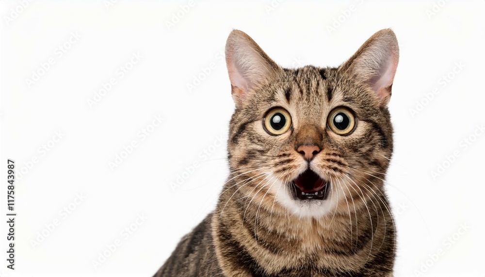 tabby cat is looking surprised with wide eyes and mouth open isolated on white background tabby cat is looking surprised with wide eyes and mouth open isolated on white background