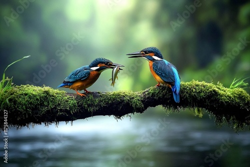 Two Colorful Kingfishers on Mossy Branch by River, One Holding a Fish photo