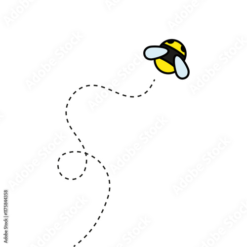 Flying bee with a dotted flight path. Cute bumblebee design isolated on white background. Vector illustration in a simple cartoon style