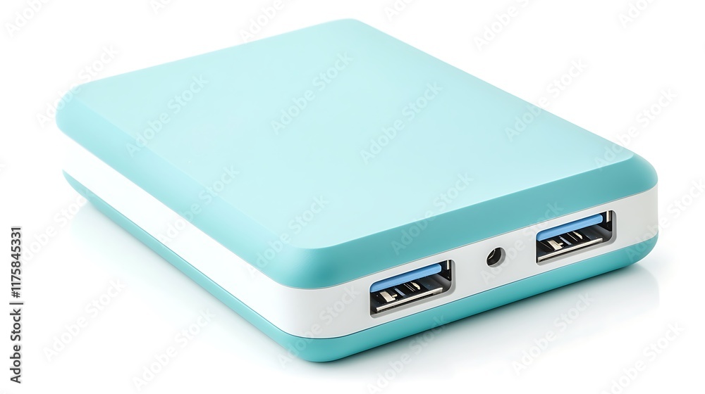 A blue and white charger with two USB ports A blue and white charger with two USB ports
