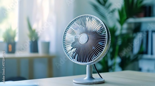 A white fan sits on a wooden table in a room