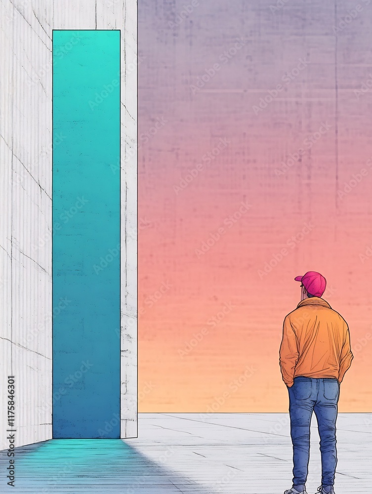Stunning Digital Illustration: Man Contemplates Teal Monolith at Sunset. AI Generated