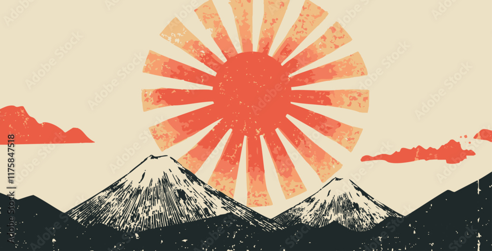 red sun and snowy mountains in a vintage Japanese-style illustration