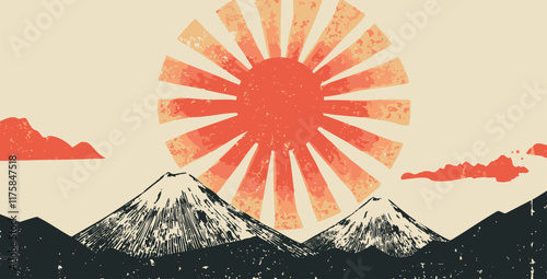 Obraz na płótnie red sun and snowy mountains in a vintage Japanese-style illustration w salonie