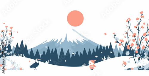 snowy mountain with a pink sun and cherry blossom trees in a serene landscape