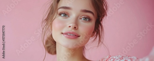 Social media influencer beauty blogger concept, Young beautiful woman recording video review cosmetic and makeup tutorial. Generative AI photo