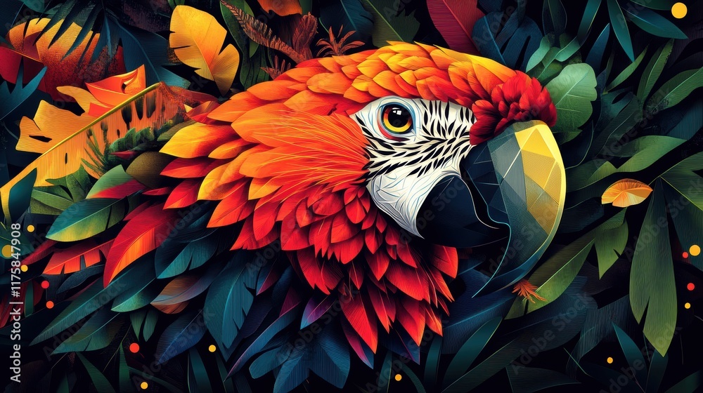 Fototapeta premium Detailed Articulated Head of Parrot Surrounded by Lush Foliage