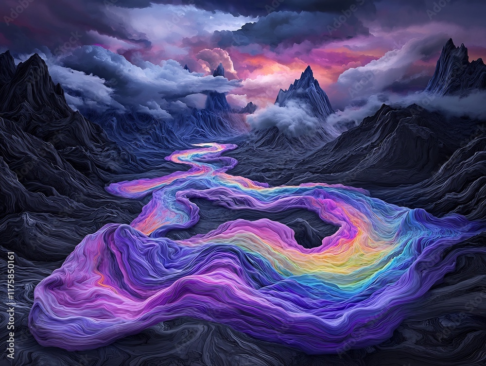 Captivating digital landscape artwork depicting topographical rainfall data rendered in a mesmerizing flow of vibrant swirling colors against a dramatic stormy sky backdrop Captivating digital landscape artwork depicting topographical rainfall data rendered in a mesmerizing flow of vibrant swirling colors against a dramatic stormy sky backdrop