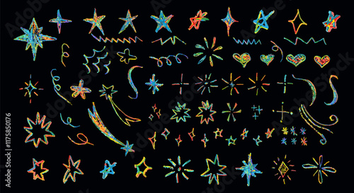Set of colorful chalk drawing elements. Shine or sparkle, hearts and stars doodle collection. Children style rainbow wax pencil handdrawing elements . Vector crayon scratch grunge texture shapes