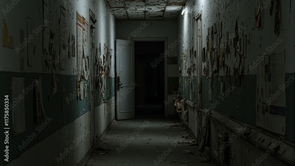 Obraz premium Eerie abandoned asylum hallway papers strewn door creaks open to darkness