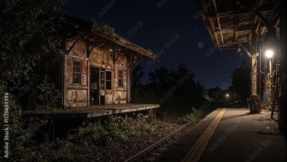 Eerie abandoned train station at midnight with flickering light and overgrown platform Eerie abandoned train station at midnight with flickering light and overgrown platform