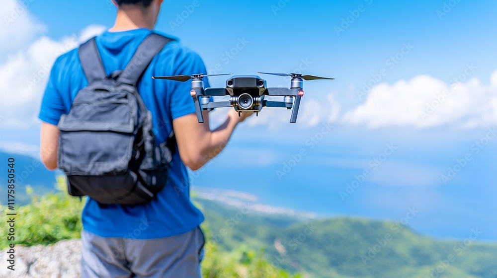 Fototapeta premium A youthful Asian blogger or vlogger engages with the camera while filming a video, utilizing technology, as a social media influencer or content creator.