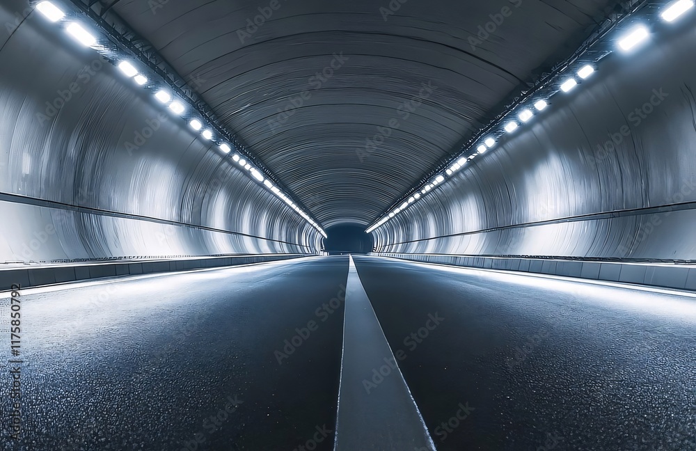 Illuminated road inside a long, curved tunnel. Illuminated road inside a long, curved tunnel.