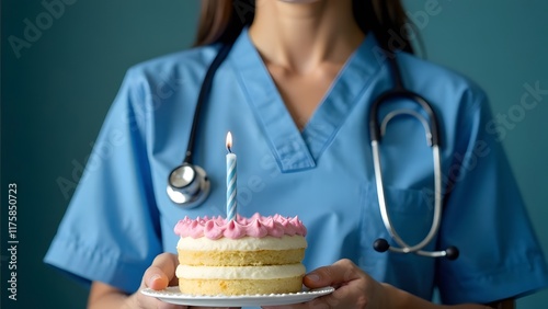Female doctor holding delicious tasty cake close up with candle