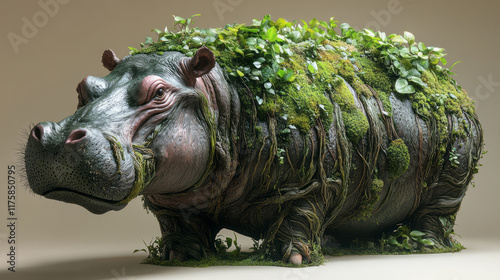 A large hippopotamus sculpted from thick and sturdy roots, with moss and water plants growing along its back, placed on a plain beige background.