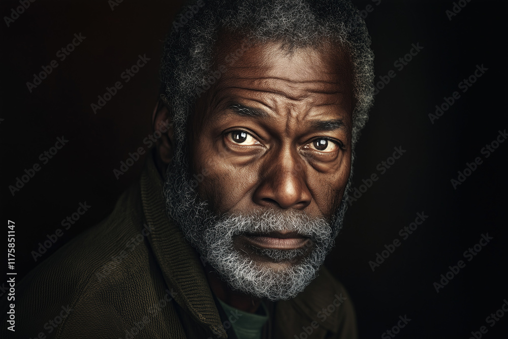 Portrait of an older Black man with gray hair and beard, wearing a dark green jacket, with a serious expression Portrait of an older Black man with gray hair and beard, wearing a dark green jacket, with a serious expression