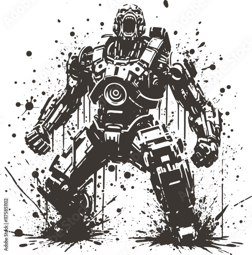 Battle Robot With Splash Effect Dynamic Vector Illustration