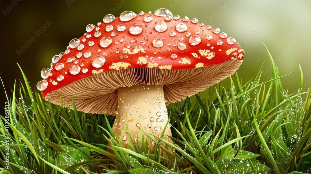 A vibrant red mushroom adorned with water droplets in lush grass. A vibrant red mushroom adorned with water droplets in lush grass.