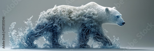 A noble polar bear formed from frosty white wooden roots and vines, with icy blue accents and delicate snow-like textures, isolated on a solid light grey background.  photo