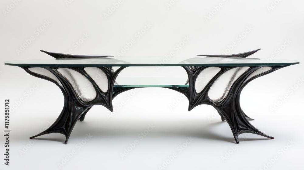 Fototapeta premium Modern glass-top coffee table with black organic sculpted base.