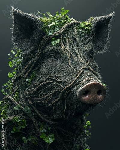 A wild boar formed from twisted roots and thick branches, with its tusks made from curved vines and patches of moss covering its body, isolated on a solid dark grey background. 