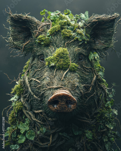 A wild boar formed from twisted roots and thick branches, with its tusks made from curved vines and patches of moss covering its body, isolated on a solid dark grey background. 