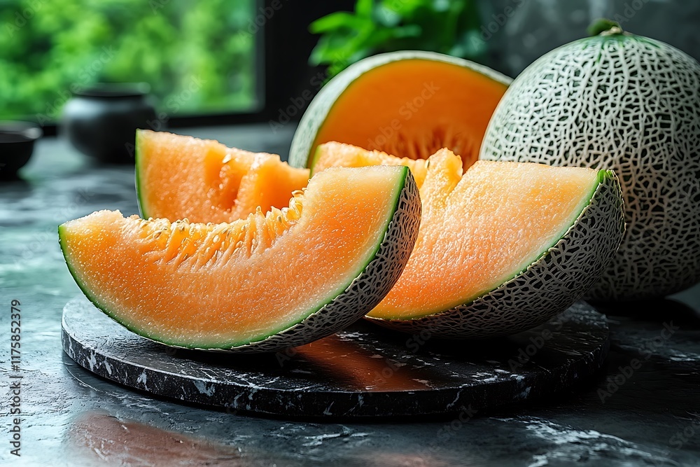 Sliced cantaloupe melon on dark marble surface Sliced cantaloupe melon on dark marble surface