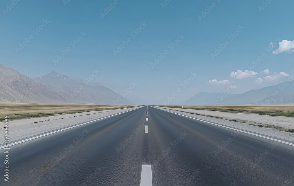 Empty highway vanishing into mountain range under a clear blue sky. Empty highway vanishing into mountain range under a clear blue sky.