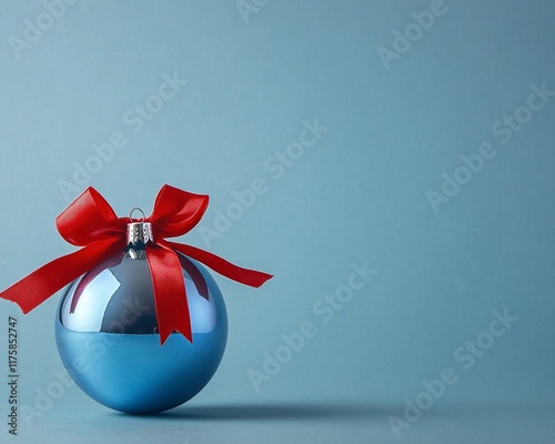 Minimal Blue Christmas Ornament with Red Ribbon Bow on Clean Blue Background, Simple and Elegant photo