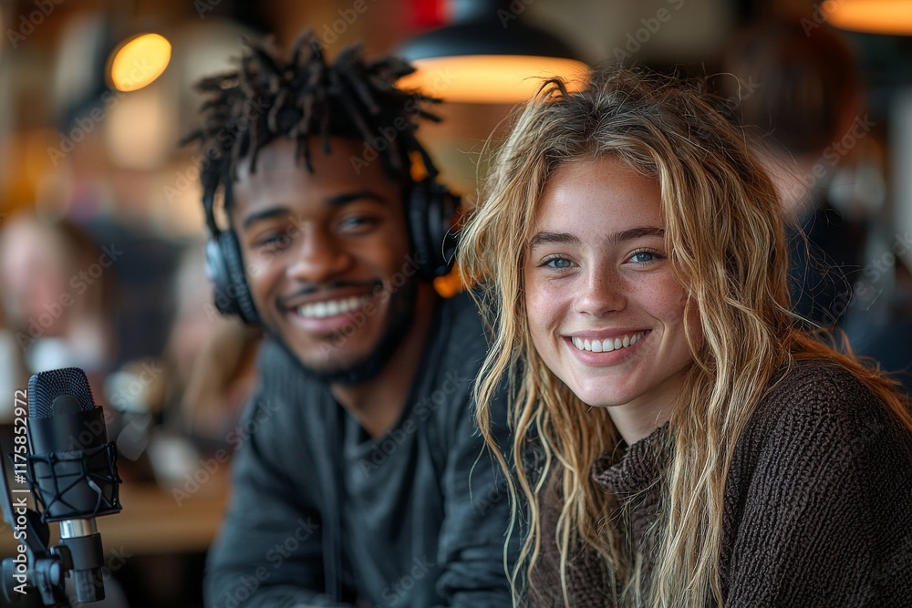 During a live stream, an African speaker conducts an interview while co-hosting a podcast, with the microphone being the main focus. During a live stream, an African speaker conducts an interview while co-hosting a podcast, with the microphone being the main focus.