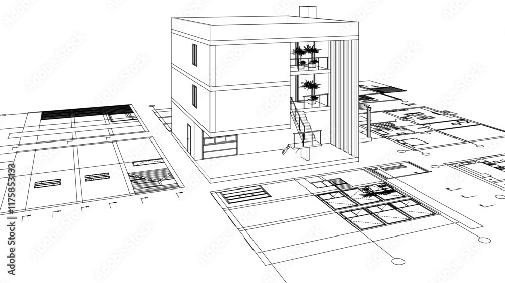 Fototapeta premium house architectural project sketch 3d illustration 